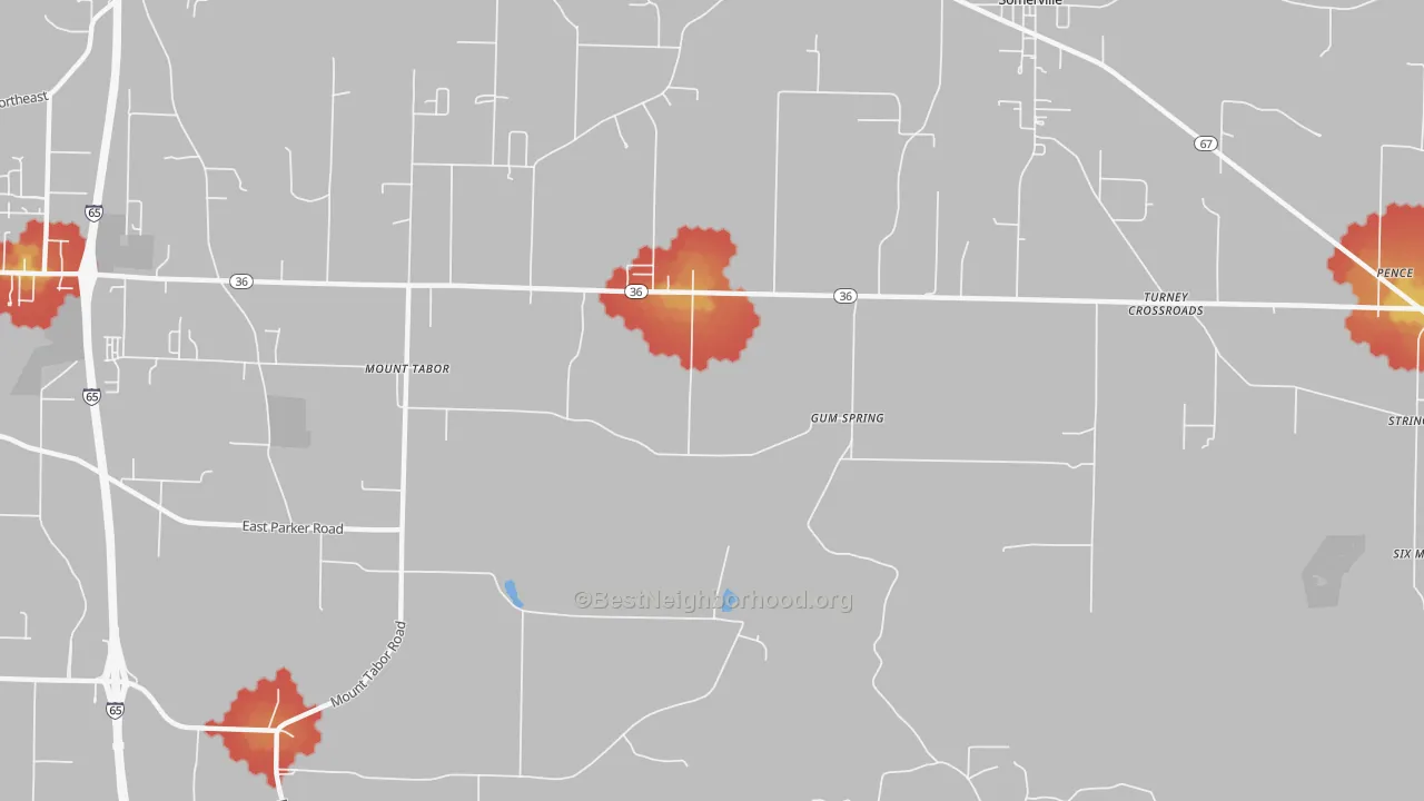 Walk Grade map of Gum Spring, AL, walkable areas in green and car-dependent areas in red