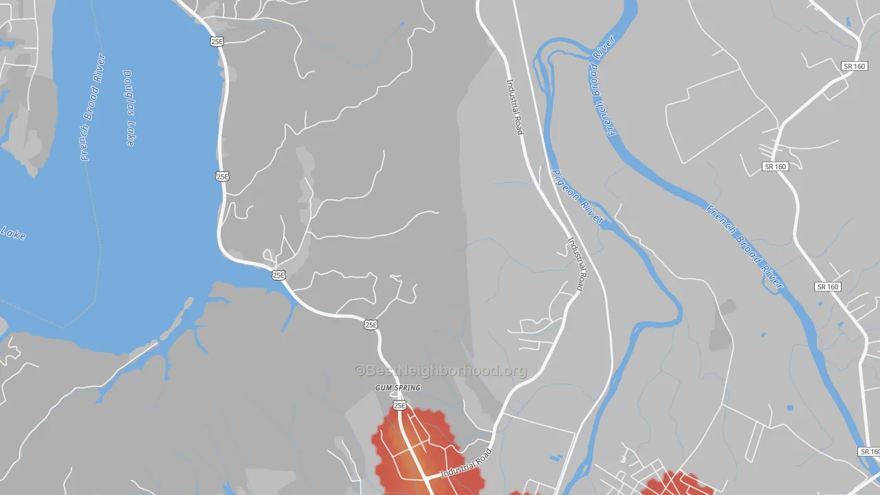 Walk Grade map of Gum Spring, TN, walkable areas in green and car-dependent areas in red