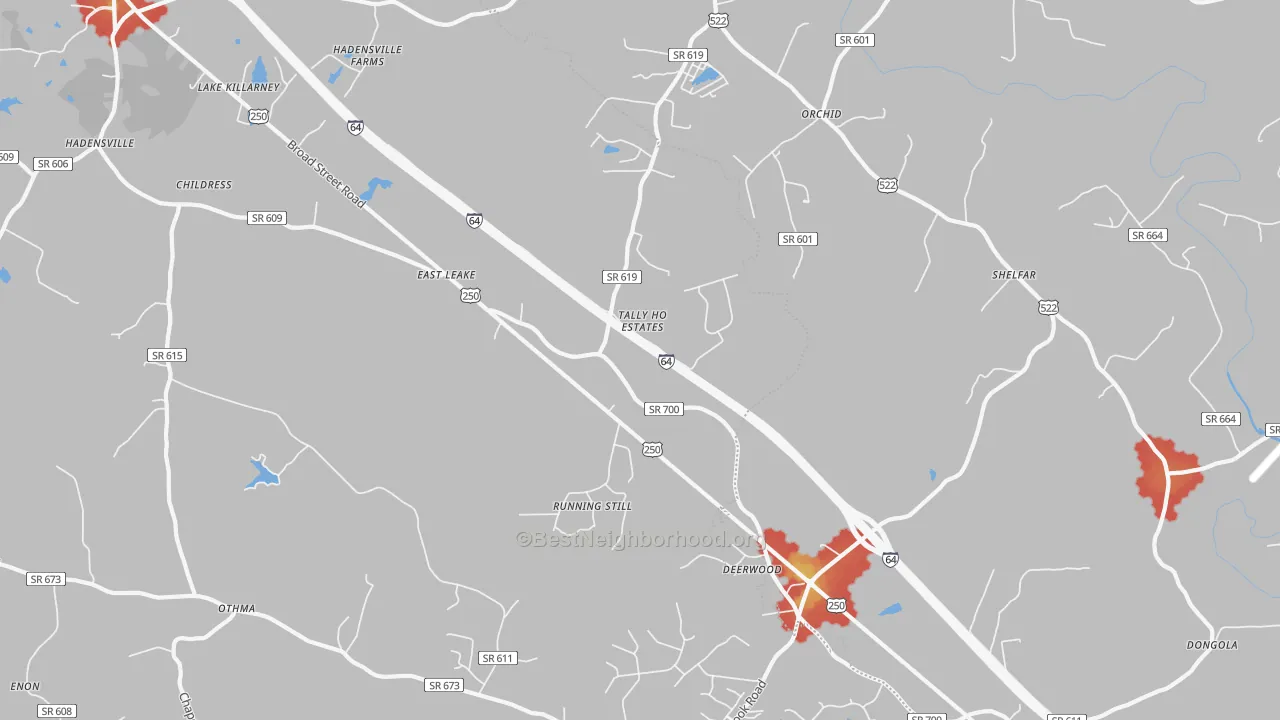 Walk Grade map of Gum Spring, VA, walkable areas in green and car-dependent areas in red