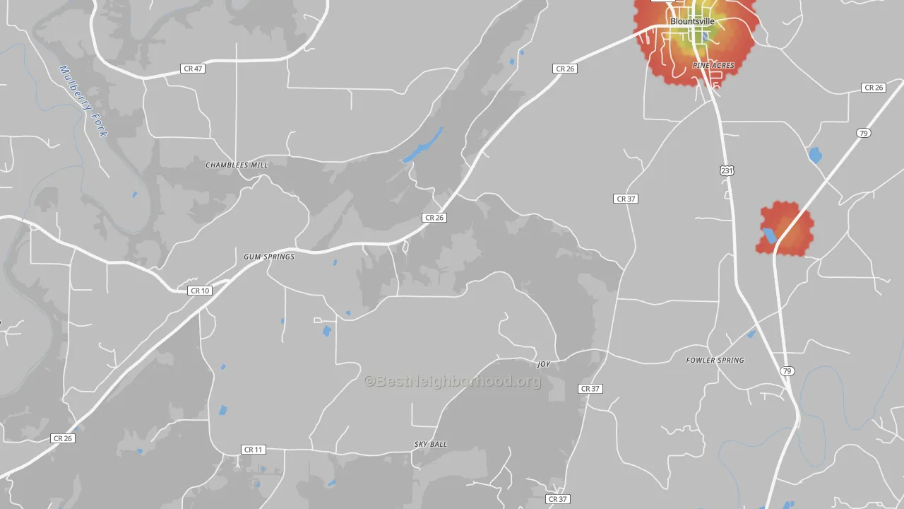 Walk Grade map of Gum Springs, AL, walkable areas in green and car-dependent areas in red