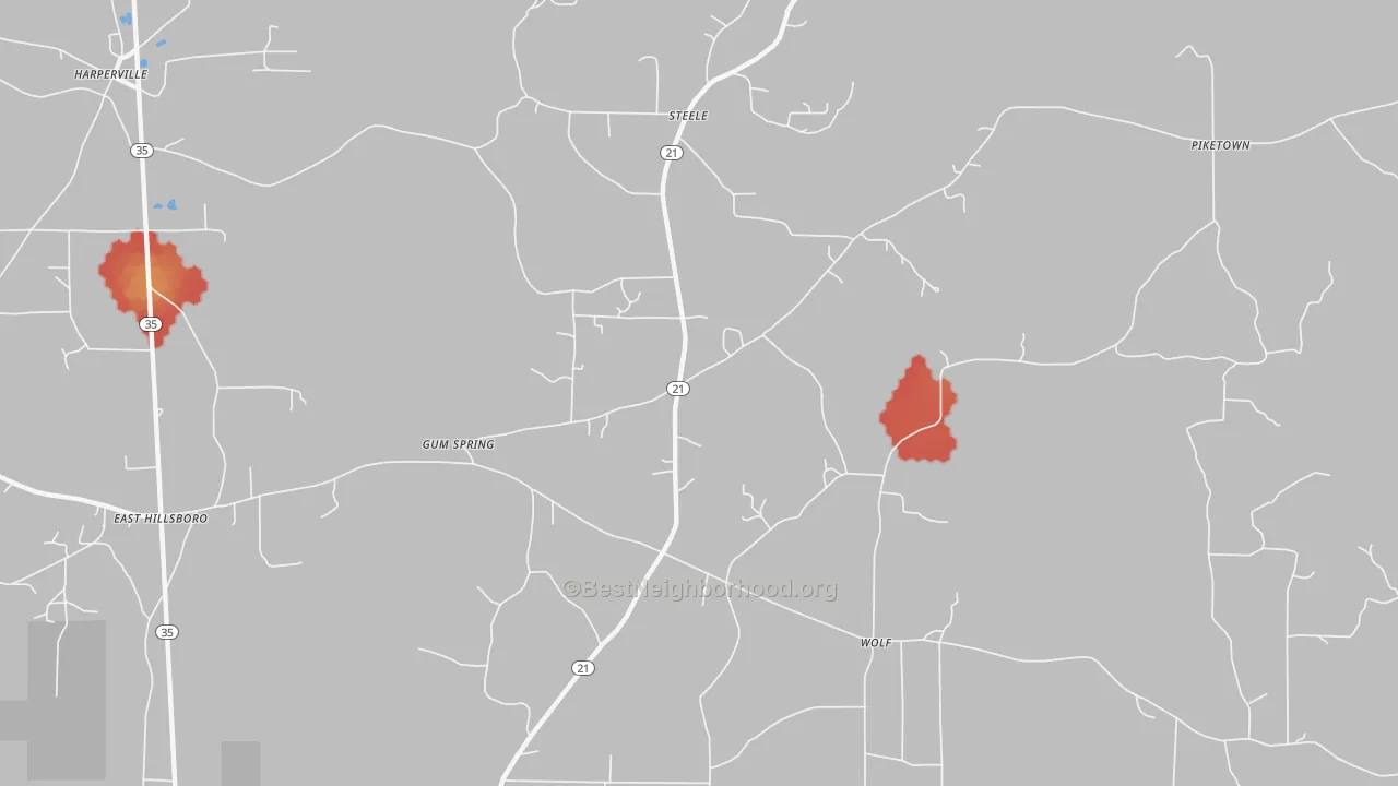 Walk Grade map of Gum Springs, MS, walkable areas in green and car-dependent areas in red