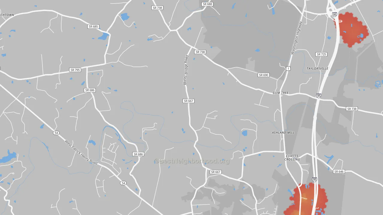 Walk Grade map of Gum Tree, VA, walkable areas in green and car-dependent areas in red