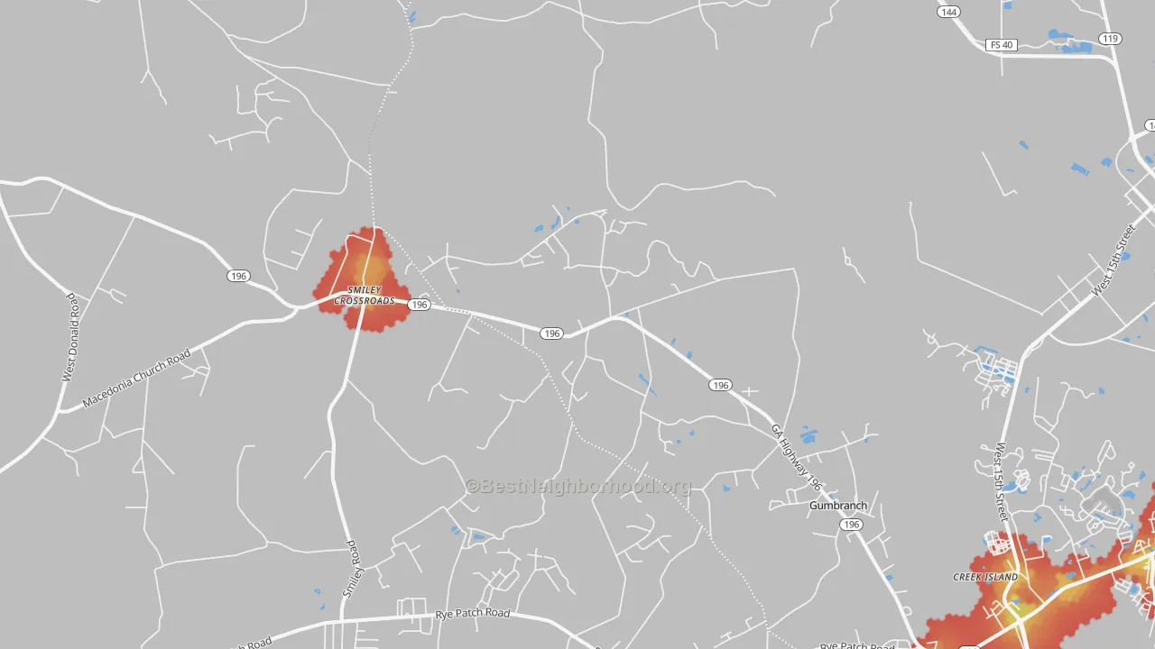 Walk Grade map of Gumbranch, GA, walkable areas in green and car-dependent areas in red