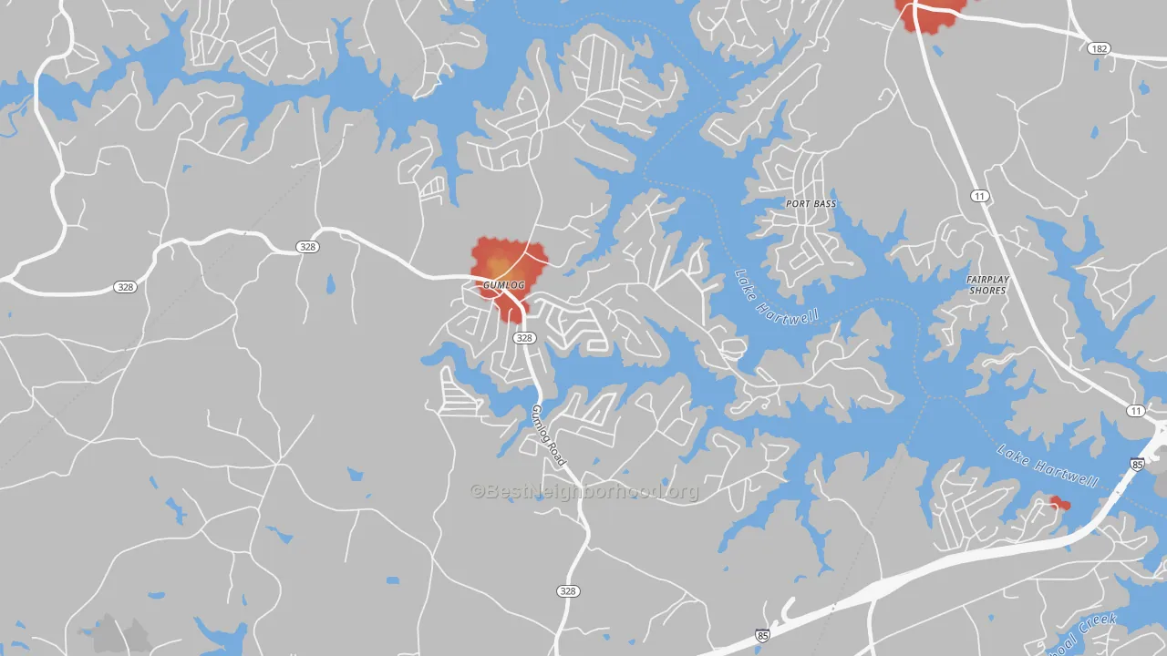 Walk Grade map of Gumlog, GA, walkable areas in green and car-dependent areas in red
