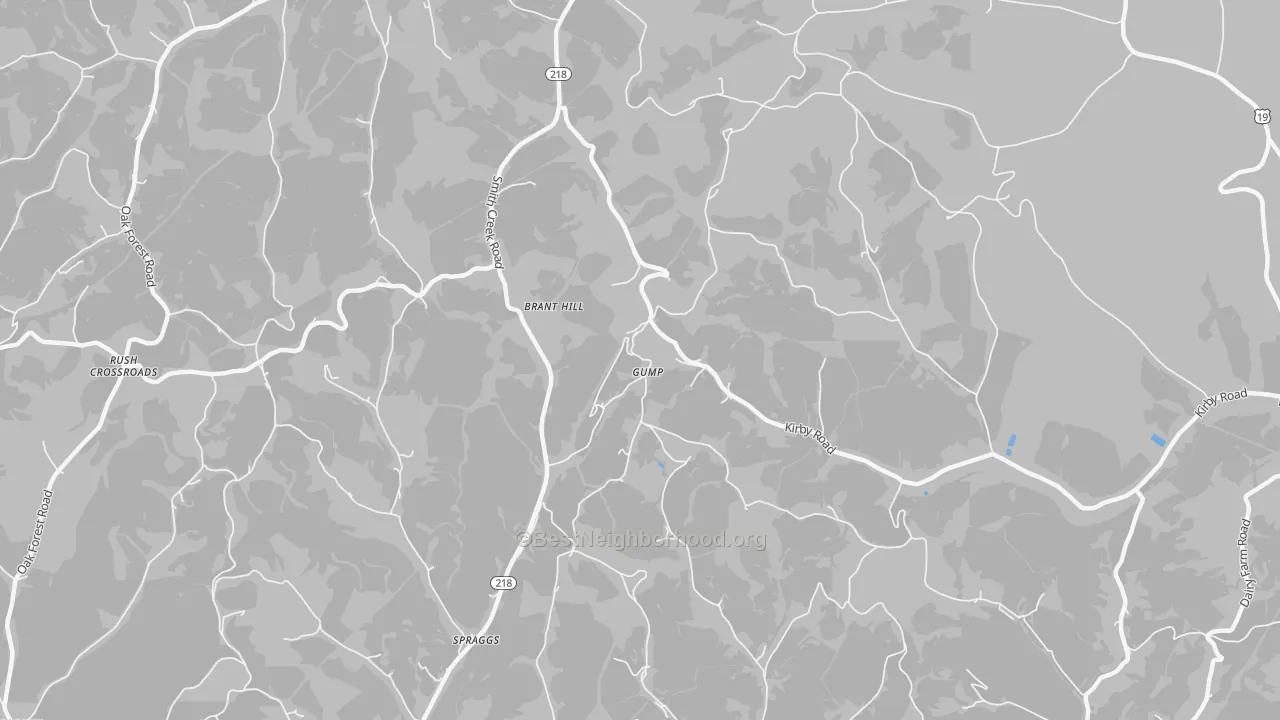 Walk Grade map of Gump, PA, walkable areas in green and car-dependent areas in red