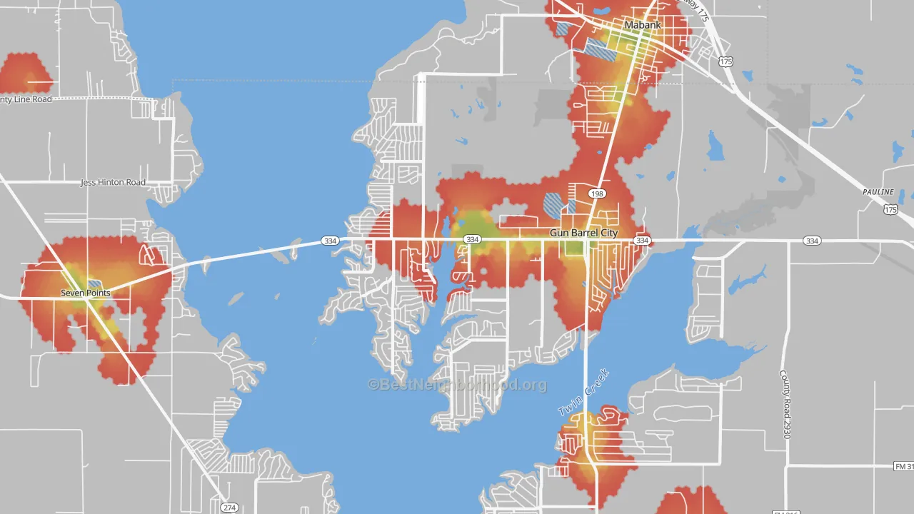 Walk Grade map of Gun Barrel City, TX, walkable areas in green and car-dependent areas in red