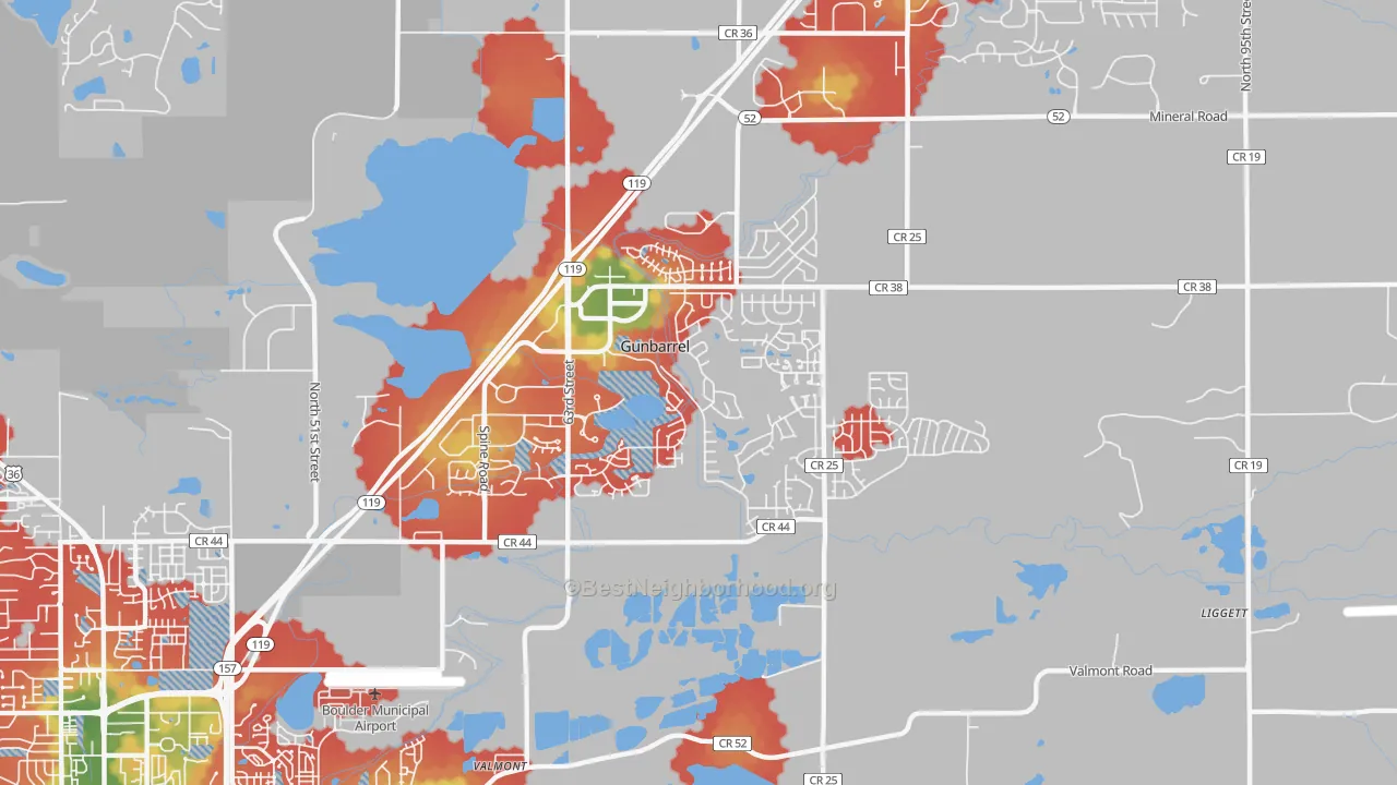 Walk Grade map of Gunbarrel, CO, walkable areas in green and car-dependent areas in red