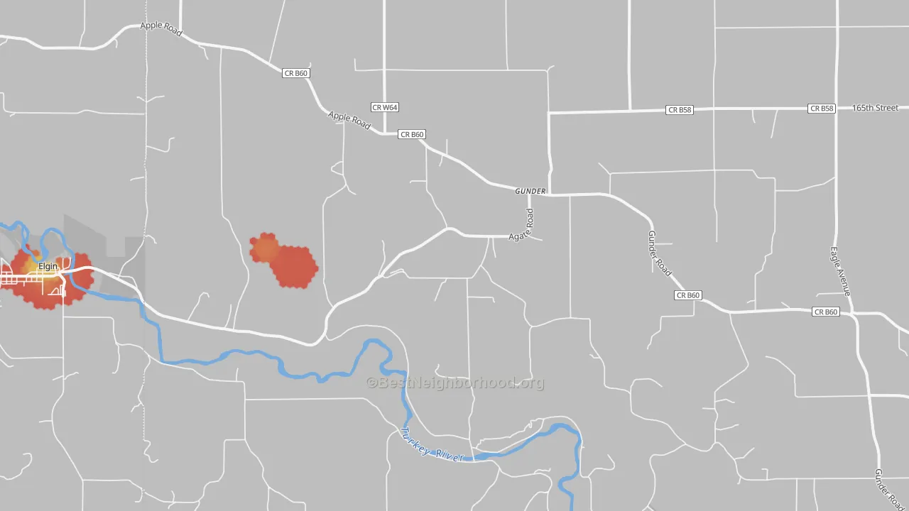 Walk Grade map of Gunder, IA, walkable areas in green and car-dependent areas in red