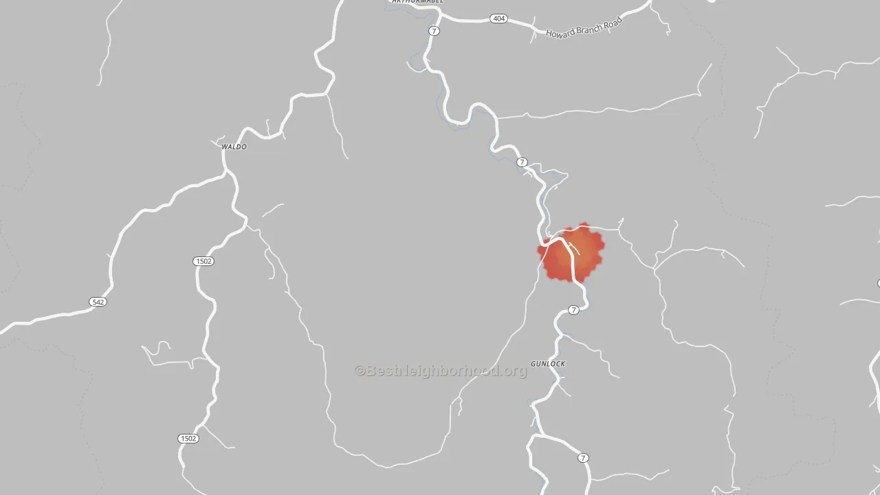 Walk Grade map of Gunlock, KY, walkable areas in green and car-dependent areas in red