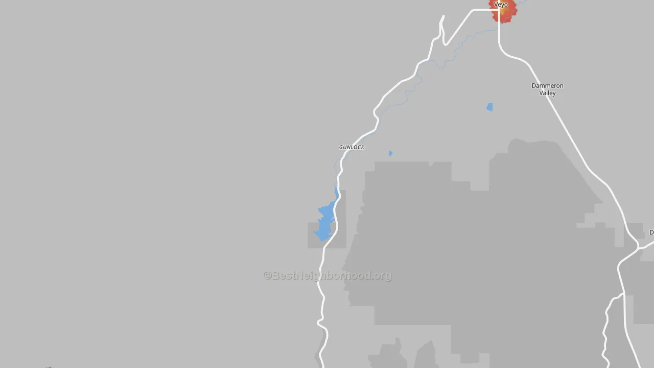 Walk Grade map of Gunlock, UT, walkable areas in green and car-dependent areas in red
