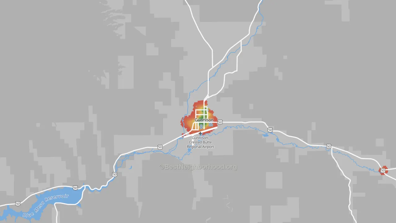 Walk Grade map of Gunnison, CO, walkable areas in green and car-dependent areas in red