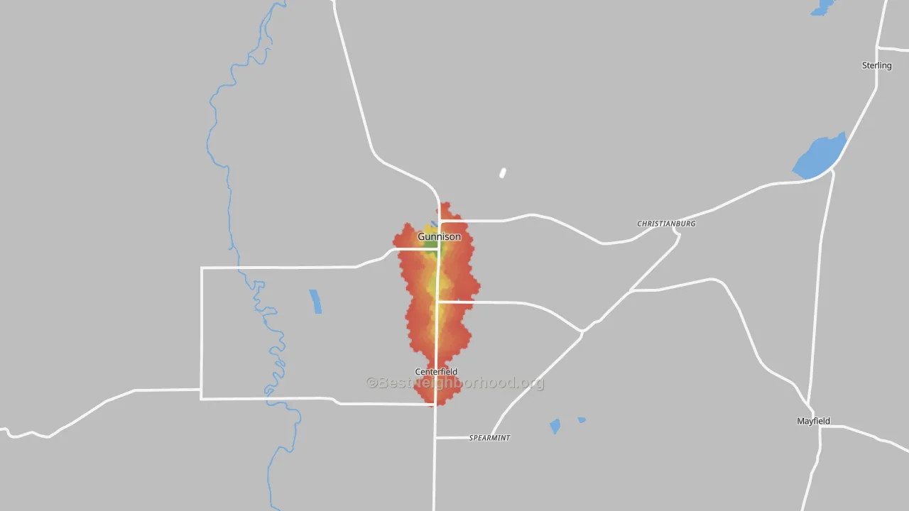 Walk Grade map of Gunnison, UT, walkable areas in green and car-dependent areas in red