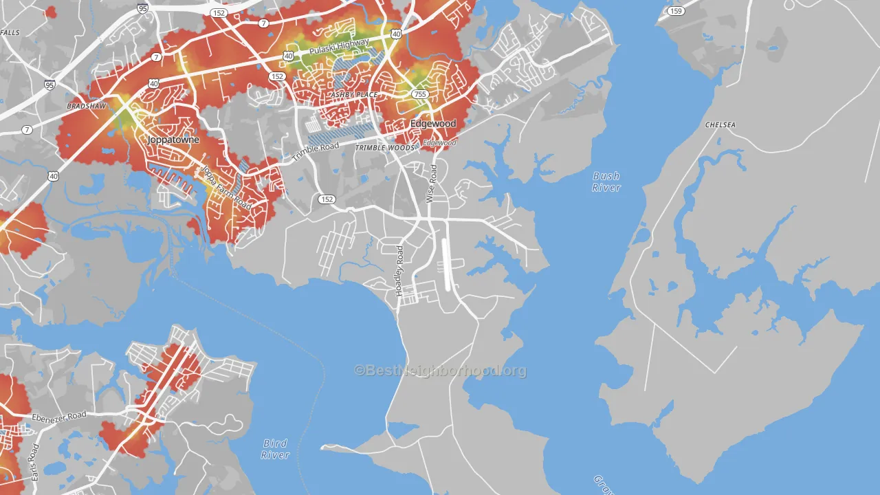 Walk Grade map of Gunpowder, MD, walkable areas in green and car-dependent areas in red