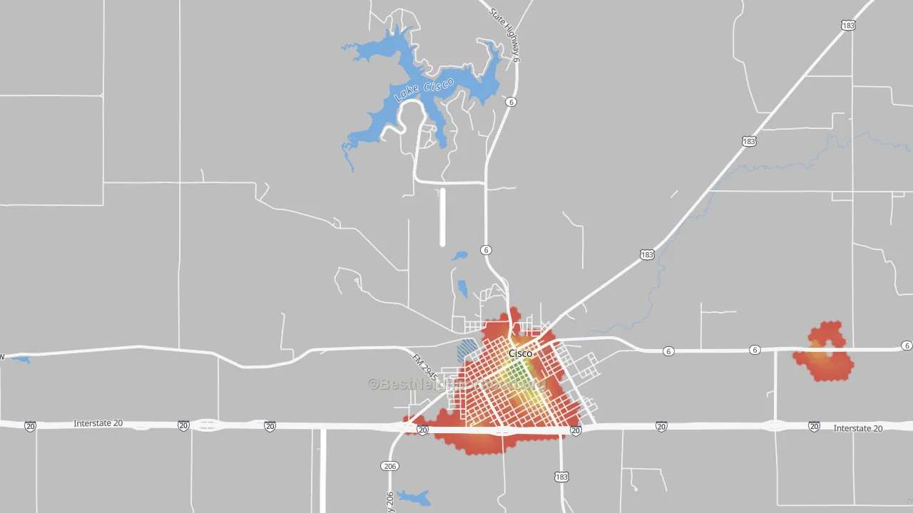 Walk Grade map of Gunsight, TX, walkable areas in green and car-dependent areas in red