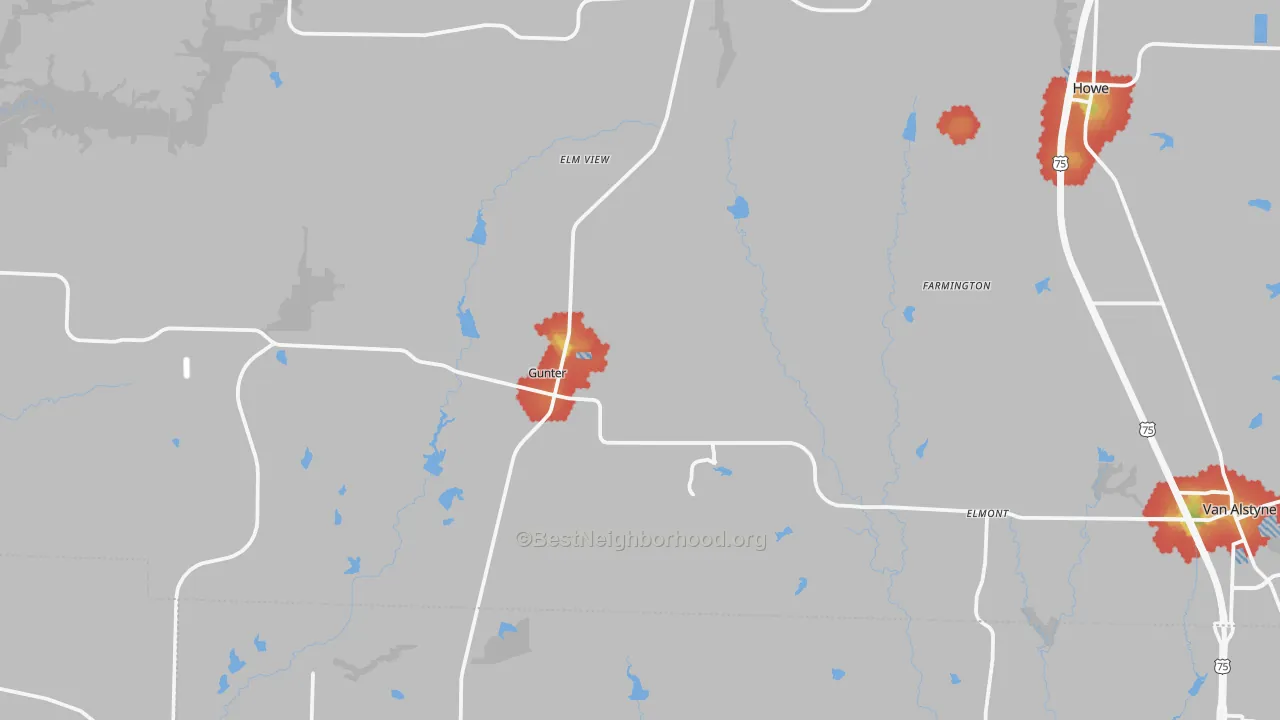 Walk Grade map of Gunter, TX, walkable areas in green and car-dependent areas in red