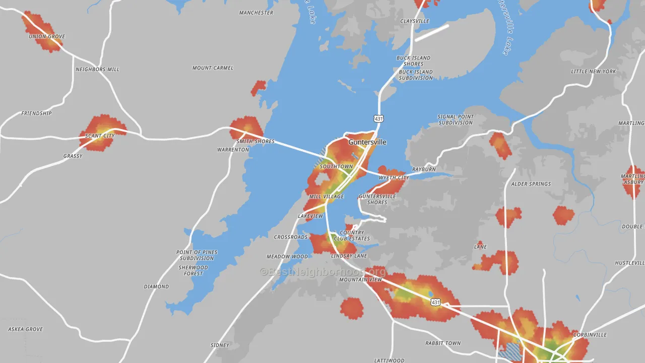 Walk Grade map of Guntersville, AL, walkable areas in green and car-dependent areas in red