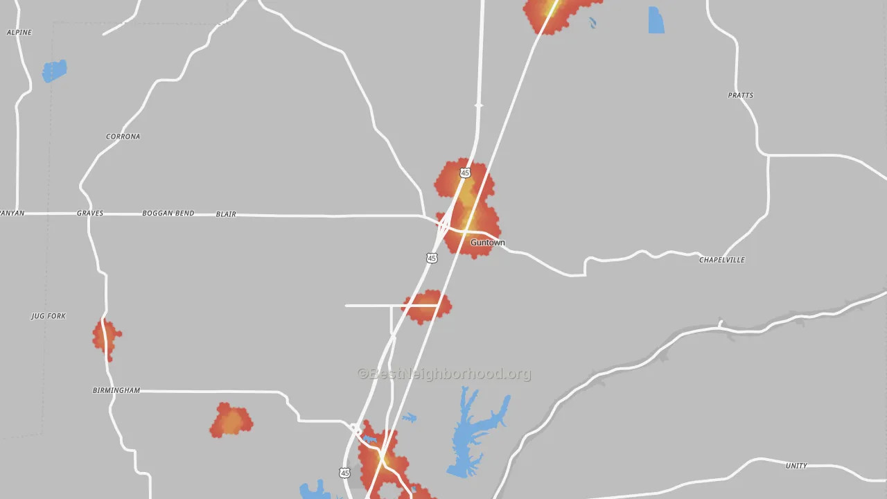Walk Grade map of Guntown, MS, walkable areas in green and car-dependent areas in red