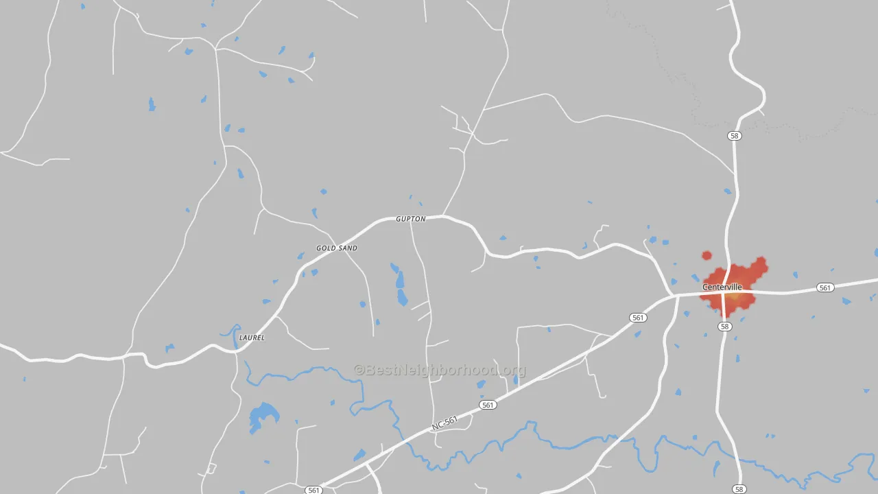 Walk Grade map of Gupton, NC, walkable areas in green and car-dependent areas in red