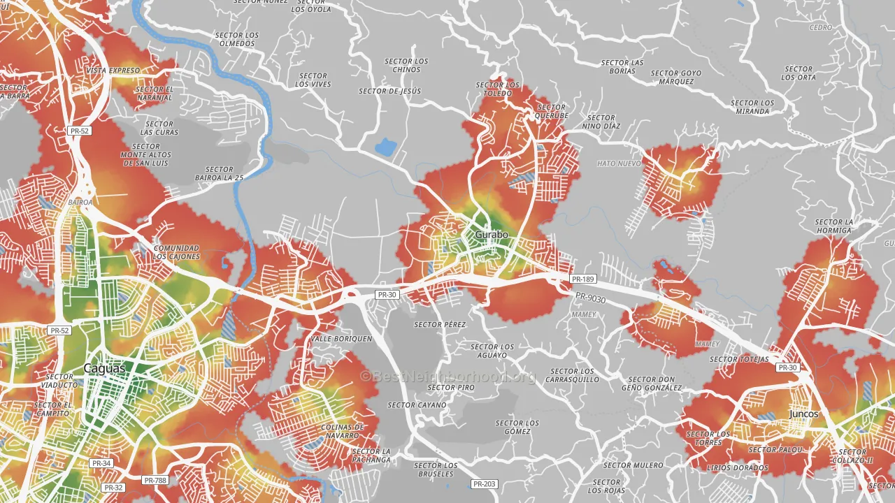 Walk Grade map of Gurabo Municipio, PR, walkable areas in green and car-dependent areas in red