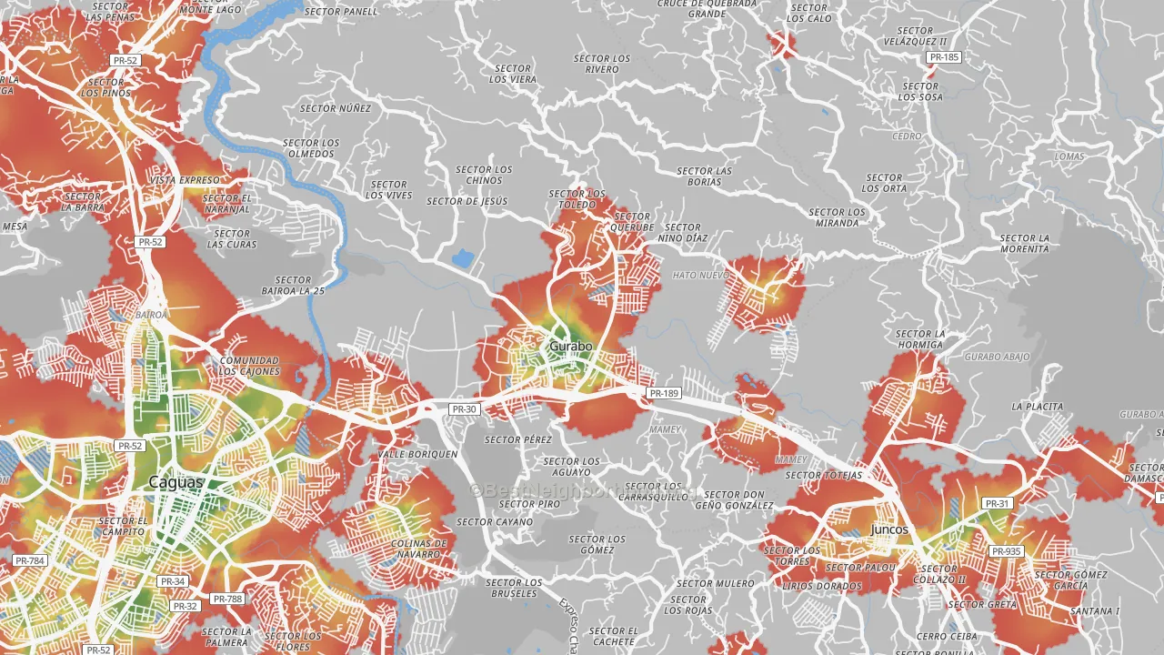 Walk Grade map of Gurabo, PR, walkable areas in green and car-dependent areas in red