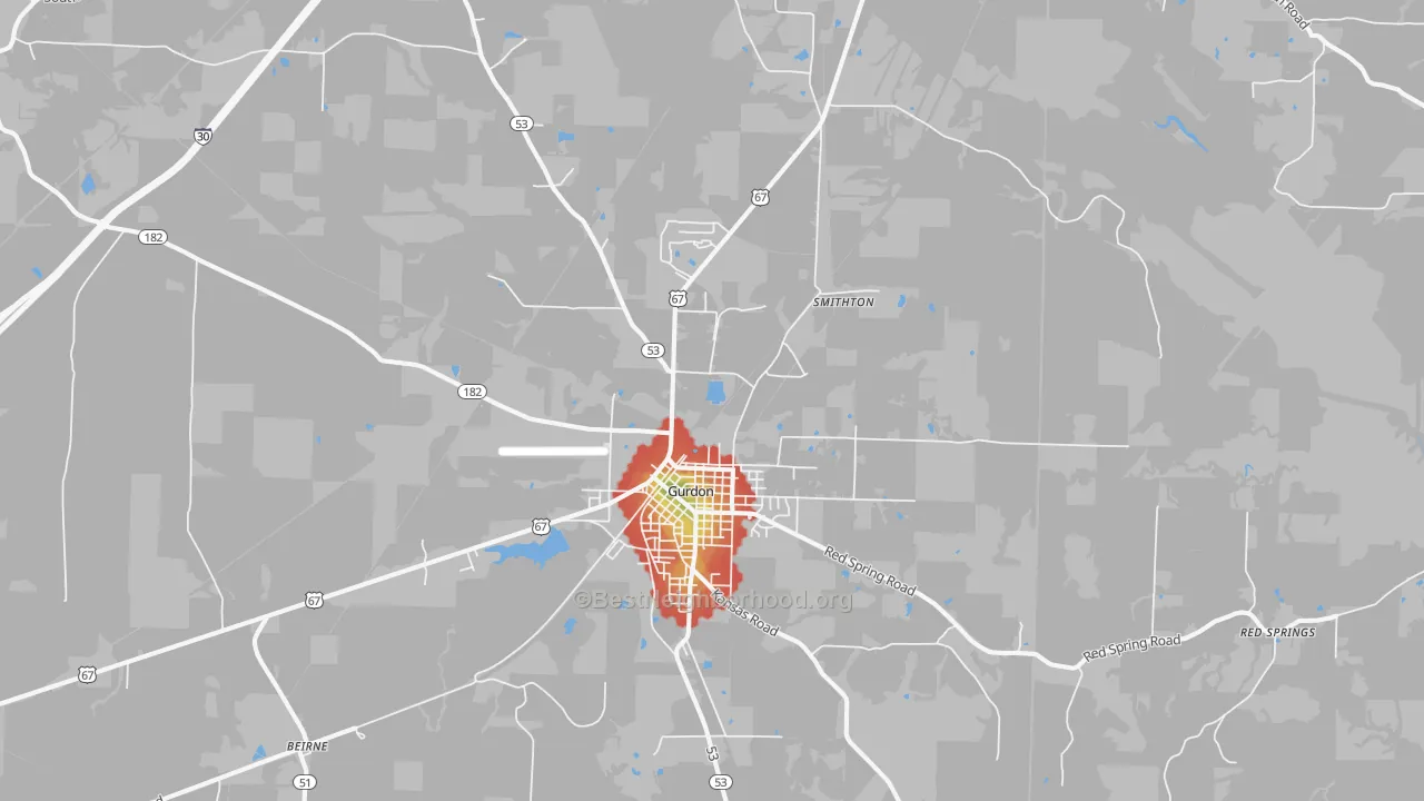 Walk Grade map of Gurdon, AR, walkable areas in green and car-dependent areas in red