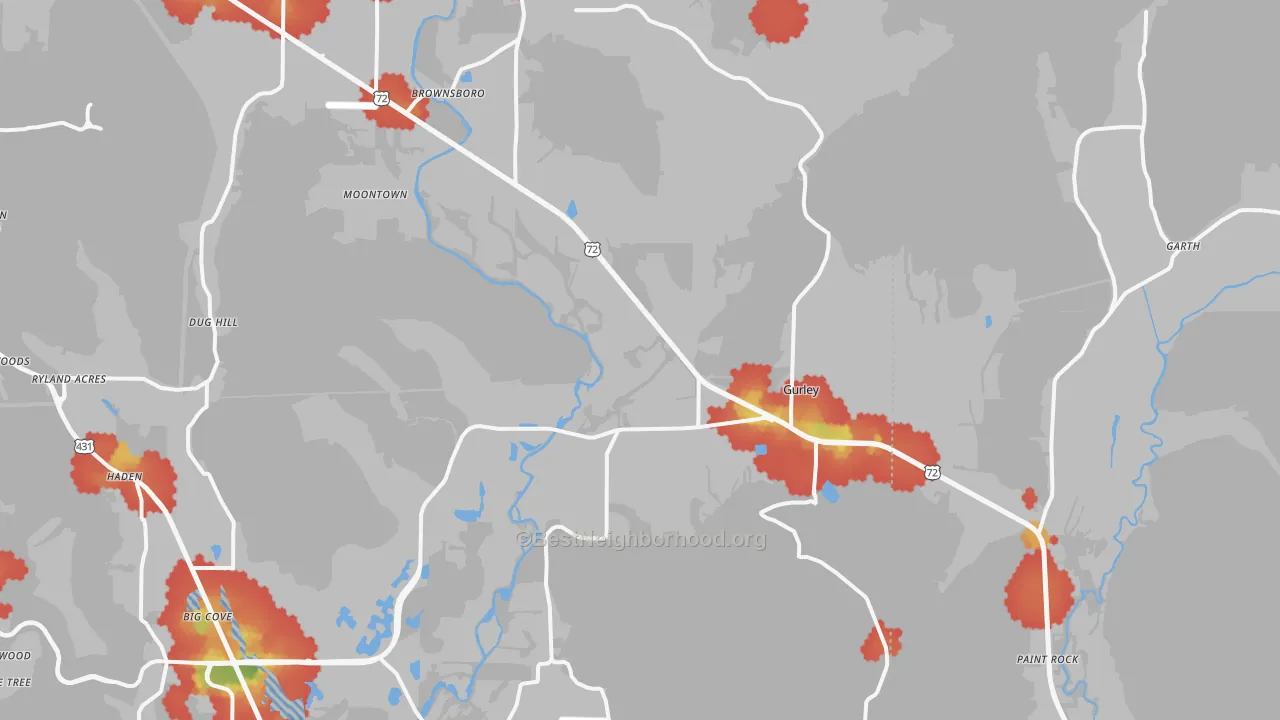 Walk Grade map of Gurley, AL, walkable areas in green and car-dependent areas in red