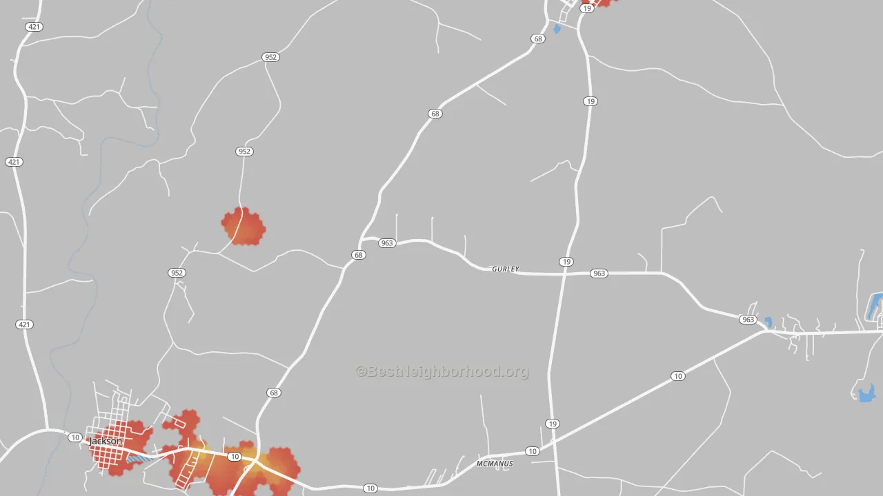 Walk Grade map of Gurley, LA, walkable areas in green and car-dependent areas in red