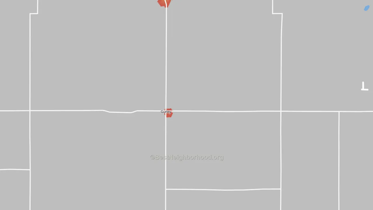 Walk Grade map of Gurley, NE, walkable areas in green and car-dependent areas in red