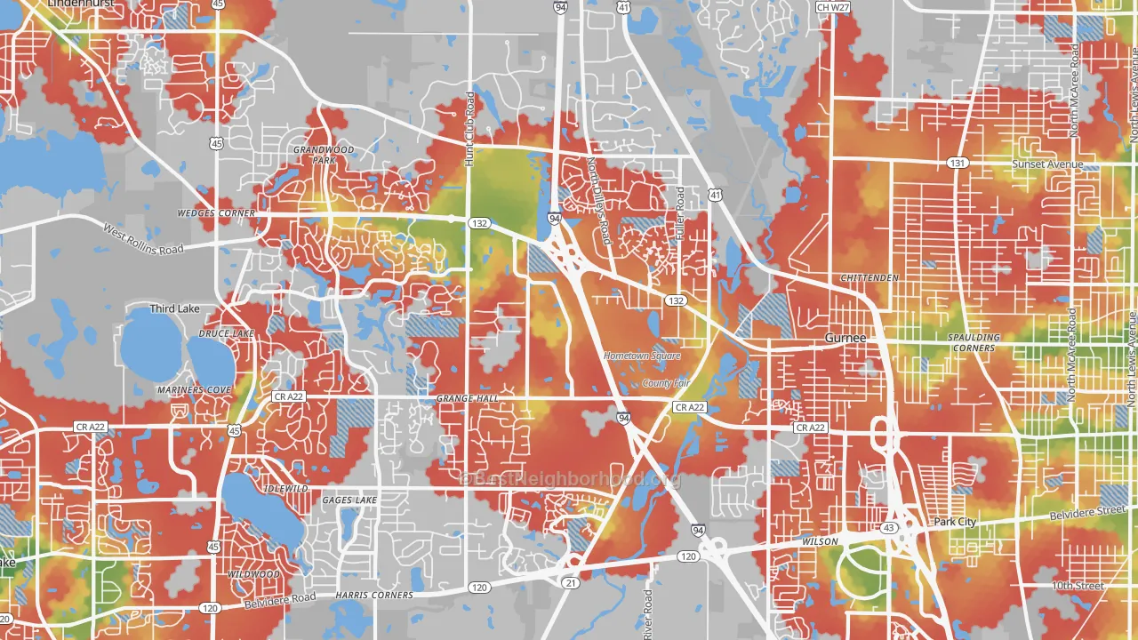 Walk Grade map of Gurnee, IL, walkable areas in green and car-dependent areas in red