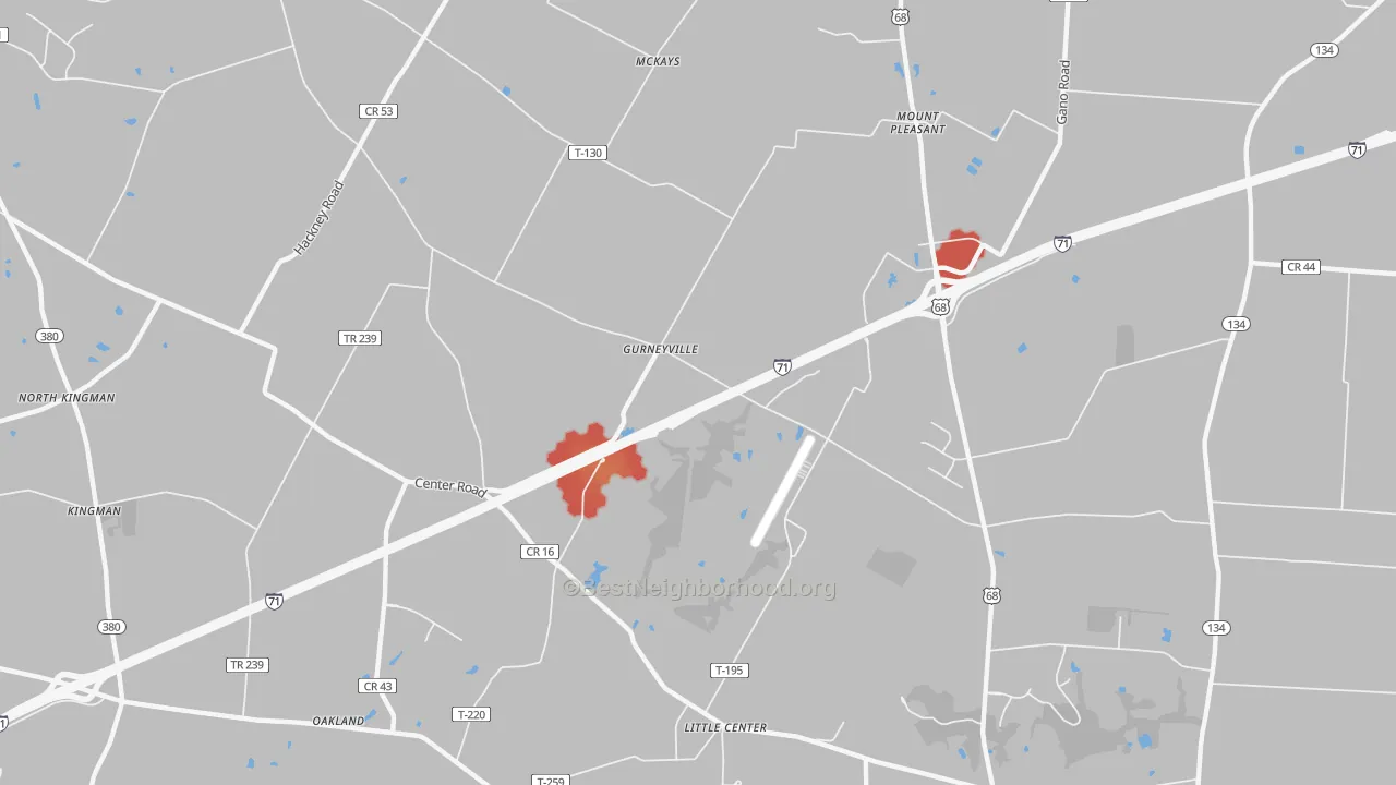 Walk Grade map of Gurneyville, OH, walkable areas in green and car-dependent areas in red