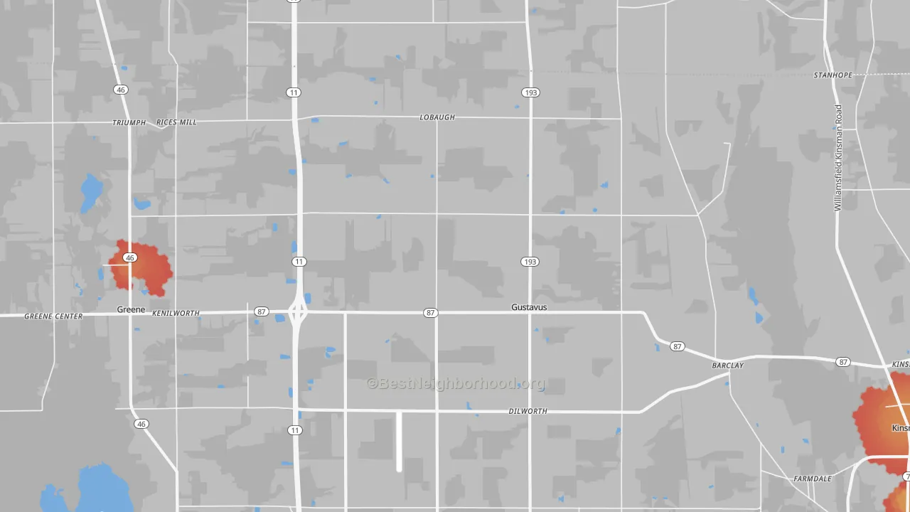 Walk Grade map of Gustavus, OH, walkable areas in green and car-dependent areas in red