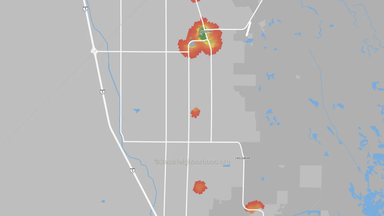 Walk Grade map of Gustine, CA, walkable areas in green and car-dependent areas in red