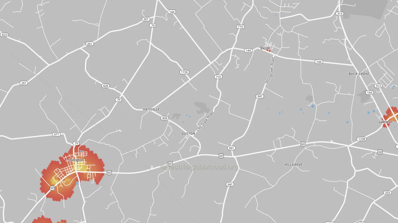 Walk Grade map of Guston, KY, walkable areas in green and car-dependent areas in red