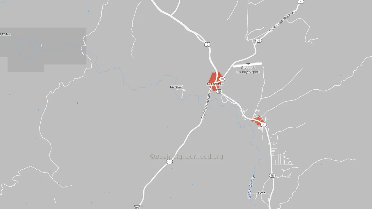 Walk Grade map of Guthrie, AZ, walkable areas in green and car-dependent areas in red