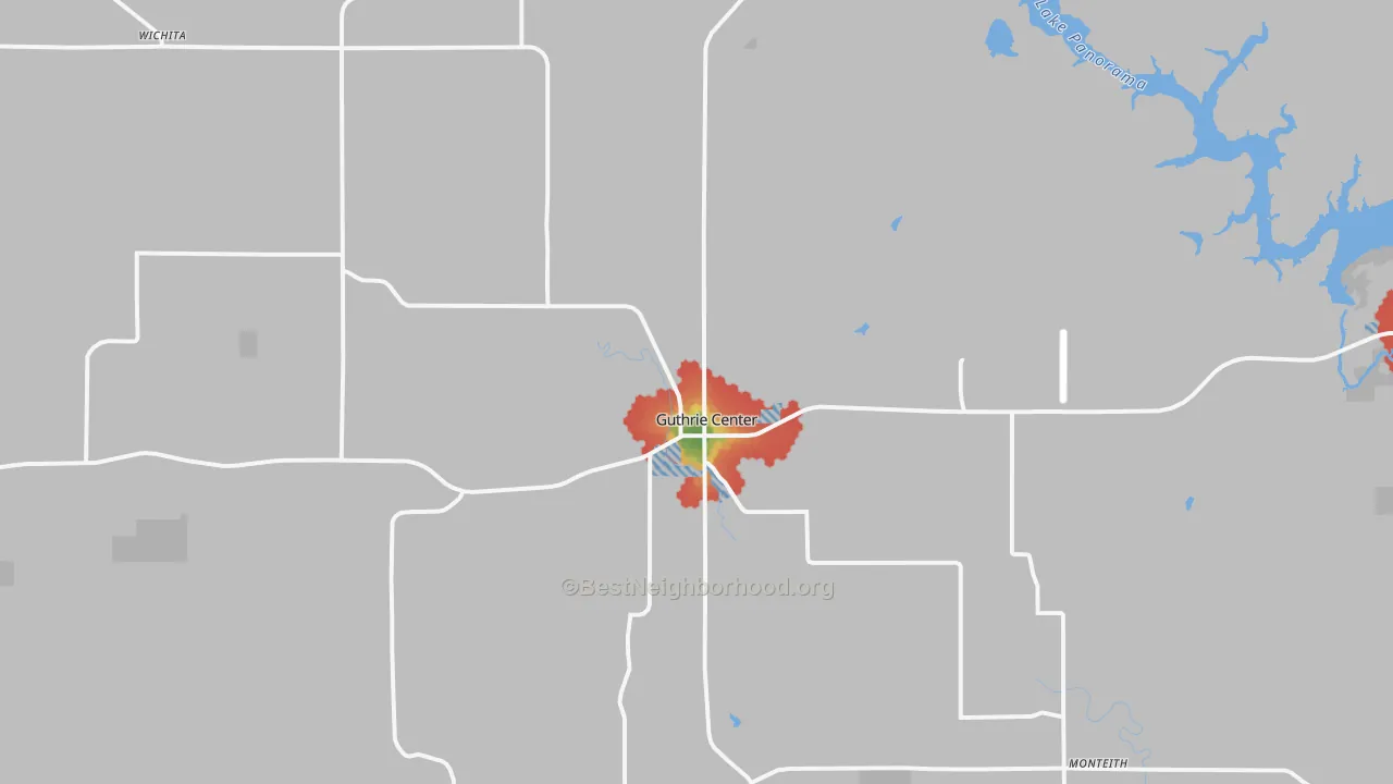 Walk Grade map of Guthrie Center, IA, walkable areas in green and car-dependent areas in red