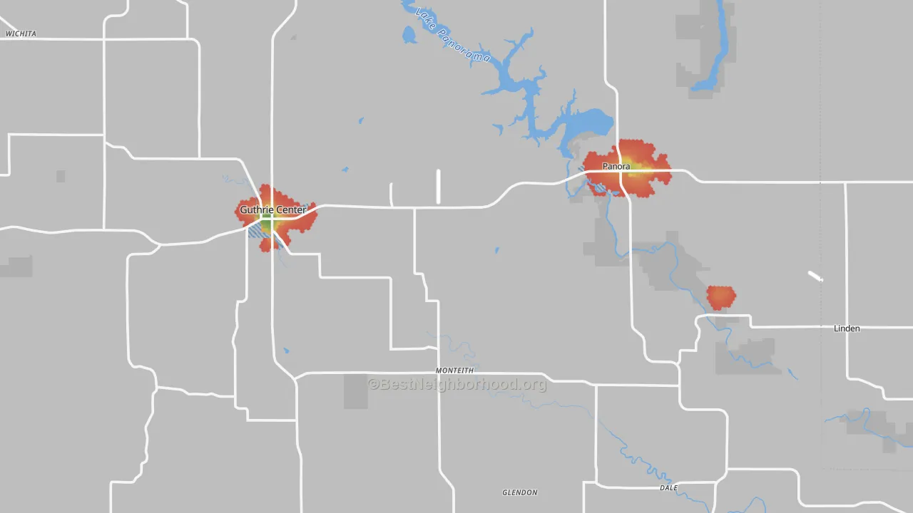 Walk Grade map of Guthrie County, IA, walkable areas in green and car-dependent areas in red