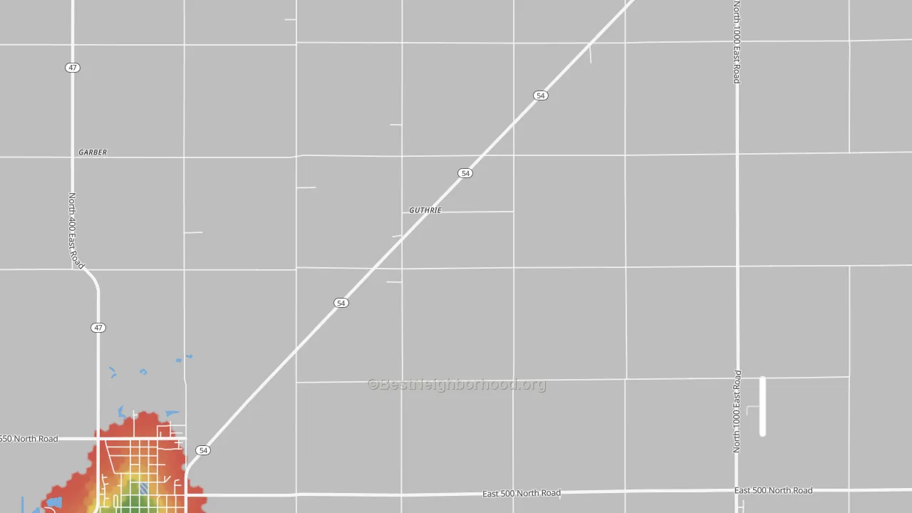 Walk Grade map of Guthrie, IL, walkable areas in green and car-dependent areas in red