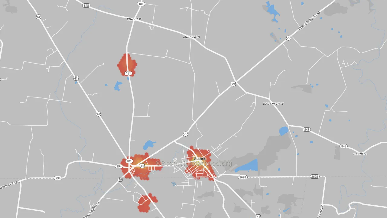 Walk Grade map of Guthrie, KY, walkable areas in green and car-dependent areas in red