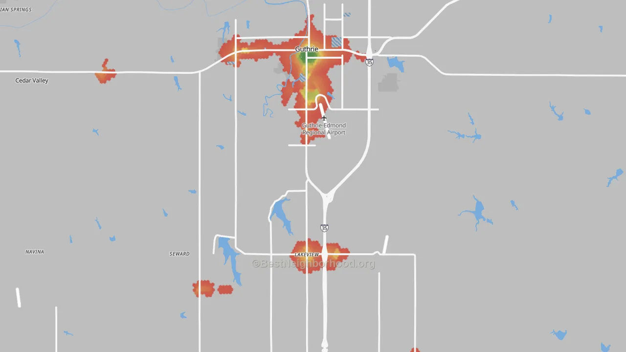 Walk Grade map of Guthrie, OK, walkable areas in green and car-dependent areas in red