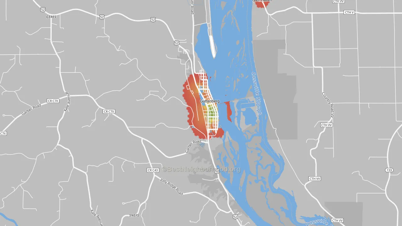 Walk Grade map of Guttenberg, IA, walkable areas in green and car-dependent areas in red
