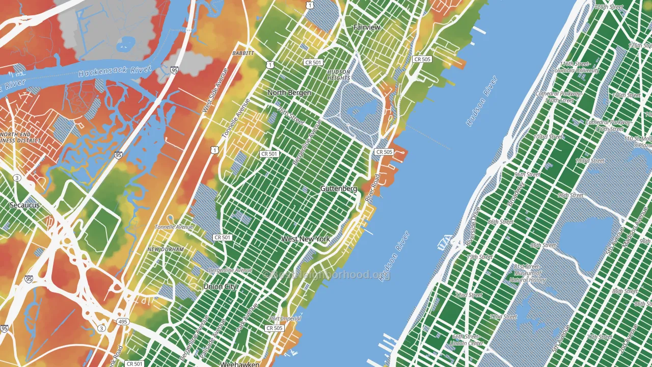 Walk Grade map of Guttenberg, NJ, walkable areas in green and car-dependent areas in red