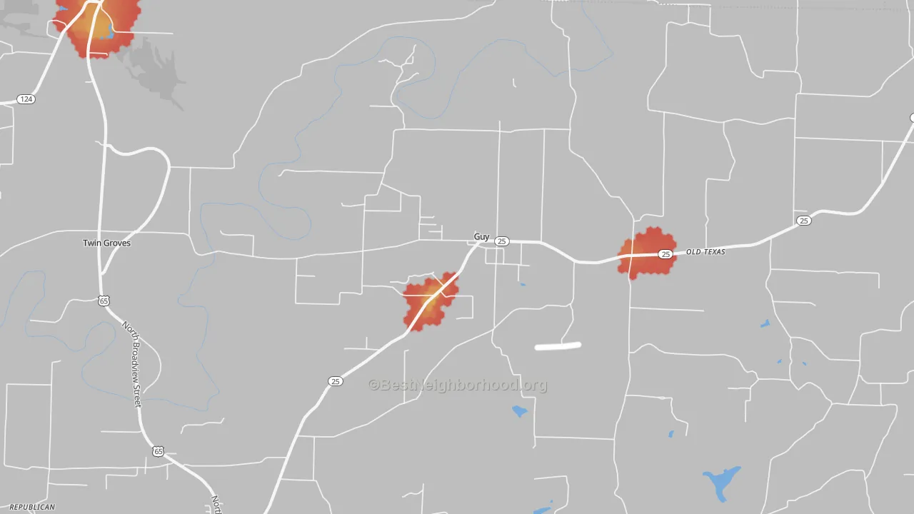 Walk Grade map of Guy, AR, walkable areas in green and car-dependent areas in red