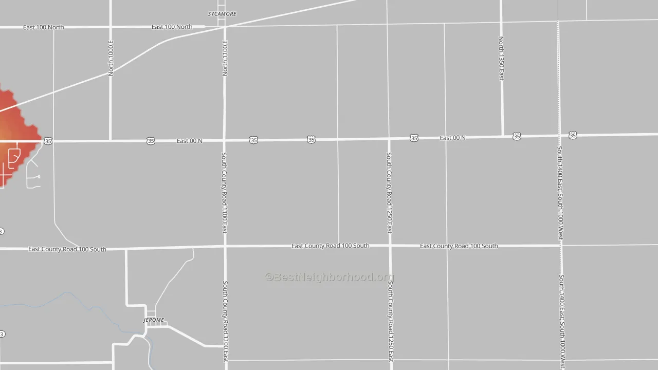 Walk Grade map of Guy, IN, walkable areas in green and car-dependent areas in red