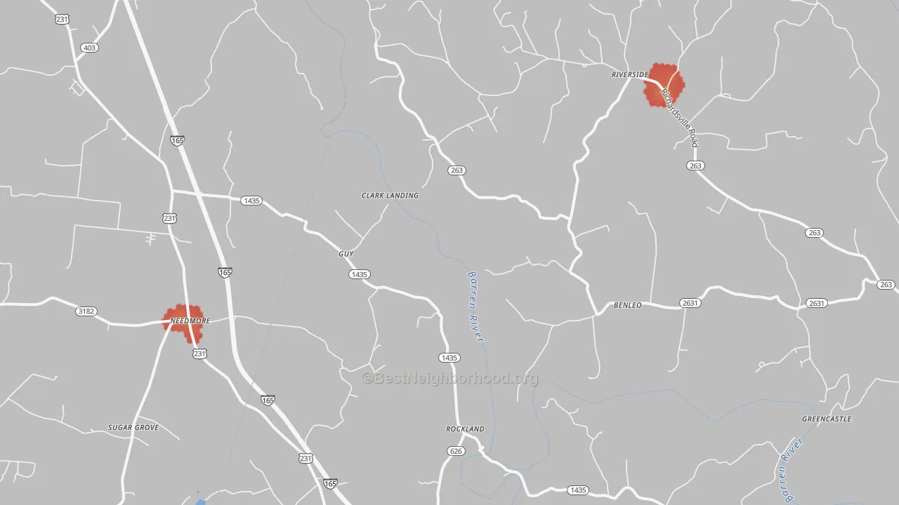 Walk Grade map of Guy, KY, walkable areas in green and car-dependent areas in red