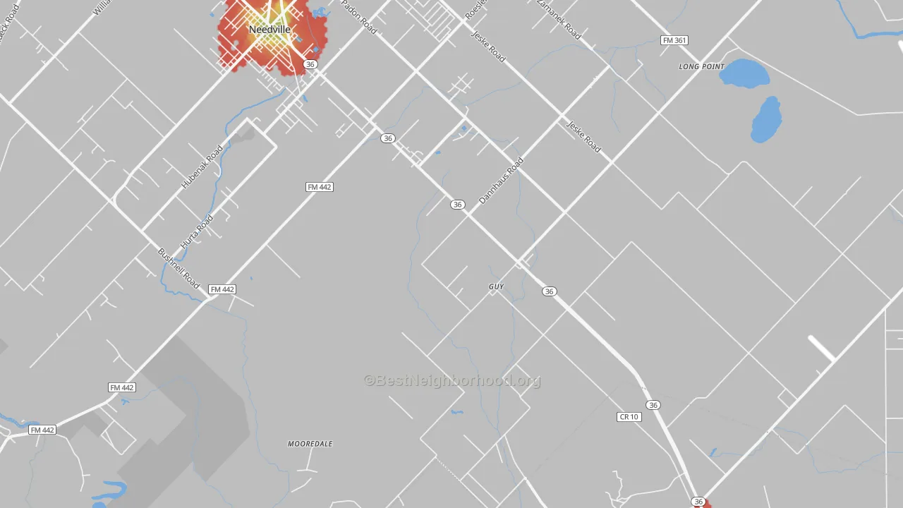 Walk Grade map of Guy, TX, walkable areas in green and car-dependent areas in red