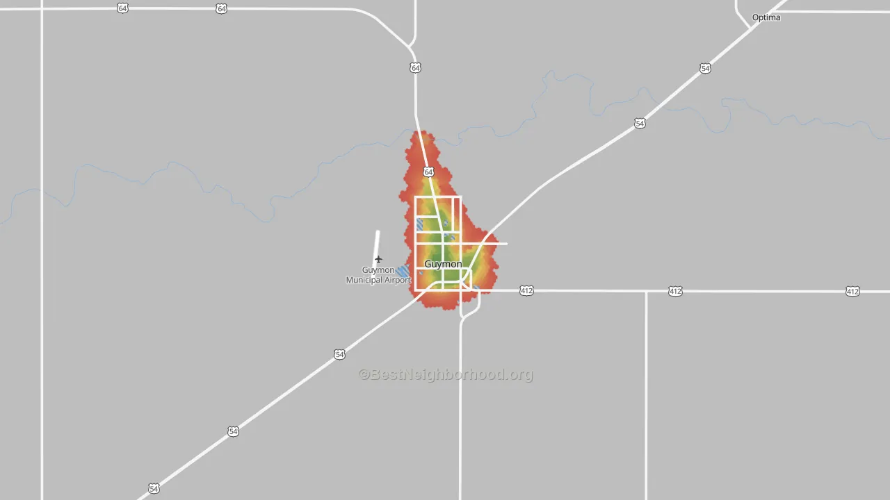 Walk Grade map of Guymon, OK, walkable areas in green and car-dependent areas in red