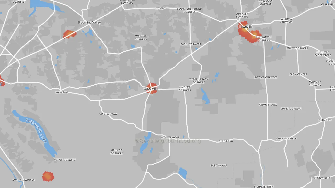 Walk Grade map of Guys Mills, PA, walkable areas in green and car-dependent areas in red