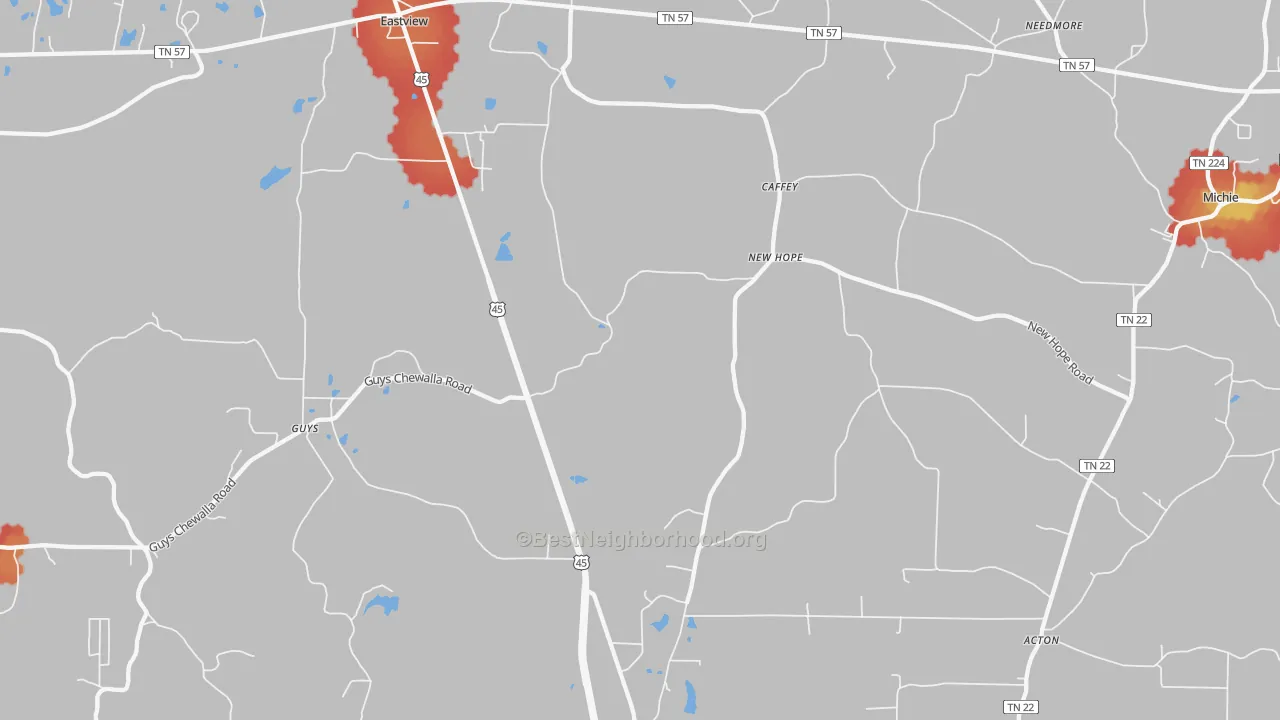 Walk Grade map of Guys, TN, walkable areas in green and car-dependent areas in red