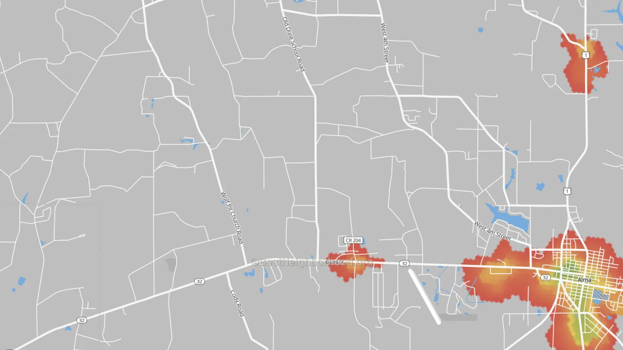 Walk Grade map of Guysie, GA, walkable areas in green and car-dependent areas in red