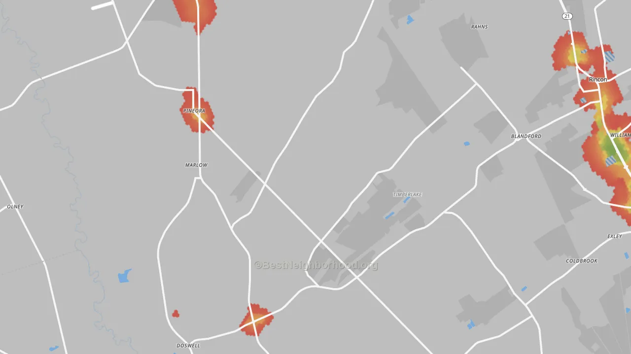 Walk Grade map of Guyton, GA, walkable areas in green and car-dependent areas in red